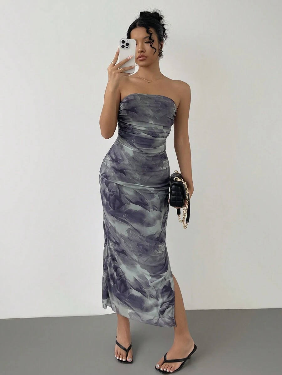 Chiquease Women Tie-Dye Printing Pleated Dress With Asymmetric Hem And Fitted Silhouette - Mint Green - View 1