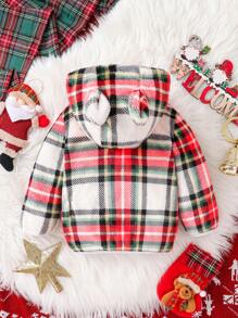 Baby Boy Plaid Long Sleeve Hoodie Jacket With Adorable Ear Design, Autumn/Winter, For Christmas - Burgundy - View 2