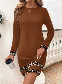 SHEIN Clasi Women's Autumn Long Sleeve Leopard Patchwork Dress