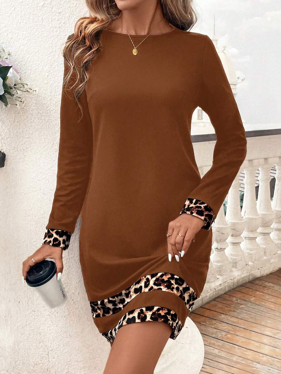 SHEIN Clasi Women's Autumn Long Sleeve Leopard Patchwork Dress
