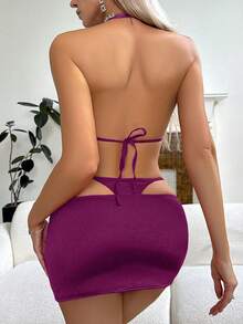 ROMWE Bộ đồ lót gợi cảm không dây 3 món/bộ dành cho nữ - Màu đỏ tím - Xem 2