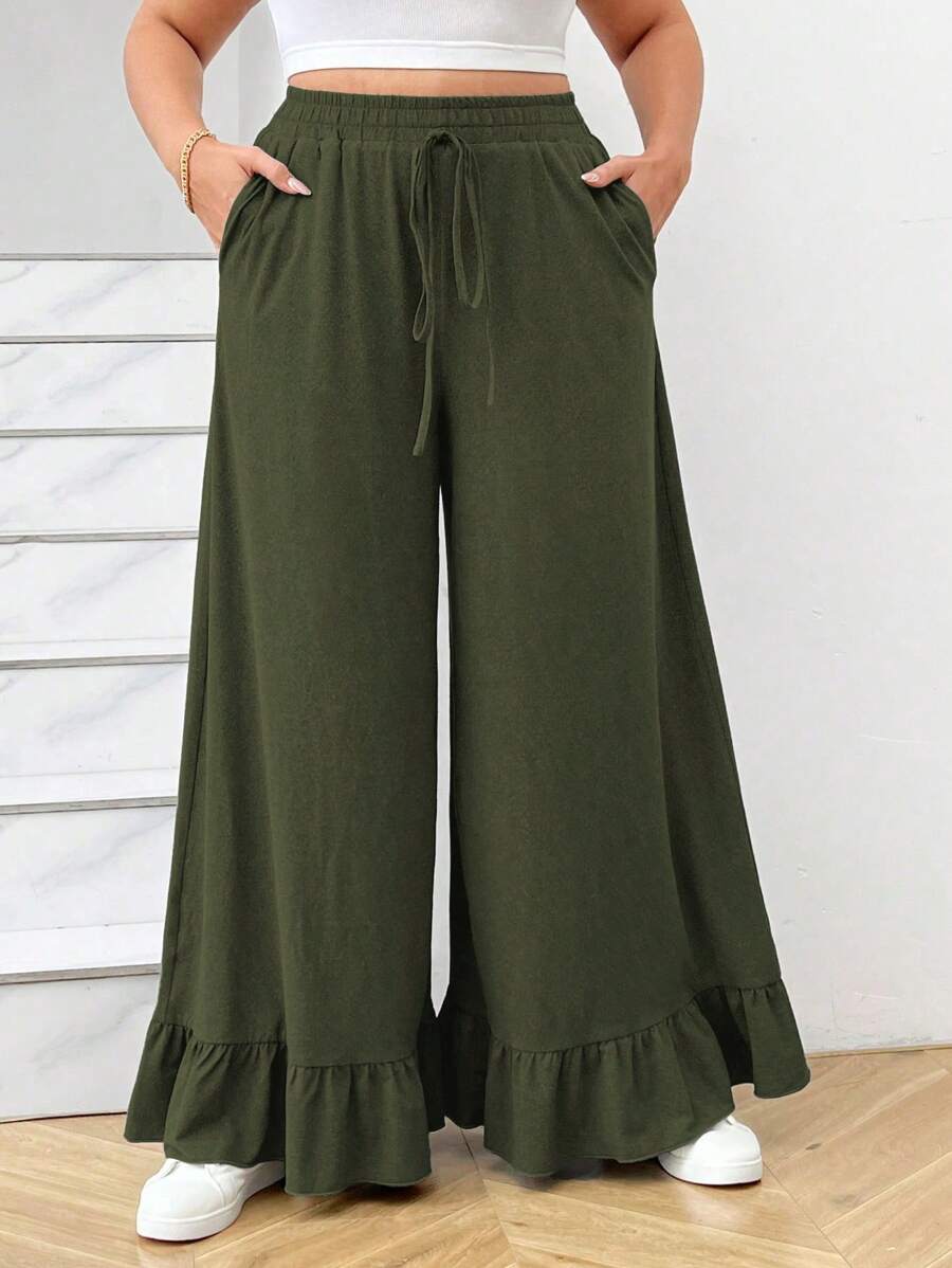 Calvaya Plus Size Vrouwen Effen Kleur Taille Strik Ruffle Zoom Losse Wijde Pijpen Broek