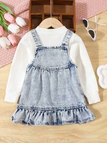 Baby Girl's Buttoned Denim Dress With Wide Straps, Strawberry Pattern, Ruffled Sleeveless Design, Casual, Comfortable - Light Wash - View 2