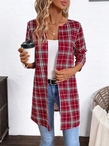 SHEIN Clasi Karierte Jacke in Mittellänge, für Frühling & Herbst - Bordeaux - Übersicht 4