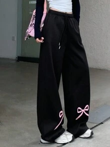 DAZY 女士弹力腰带蝴蝶印花直筒宽松运动裤，带保暖内衬 - 黑色 - 查看 6