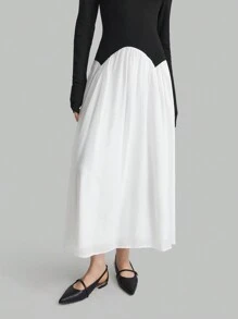 Ontre Women's Color Block Long Sleeve High Neck Pleated Dress, Elegant Women Fall Dresses For Occasion - Black and White - View 3