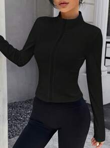 SHEIN EZwear 秋冬女士纯色前拉链长袖休闲简约夹克