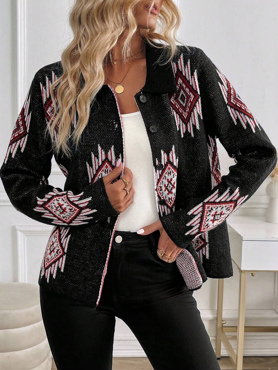 SHEIN LUNE Women's Jacquard Rhombus Pattern Casual Cardigan - Black - View 1