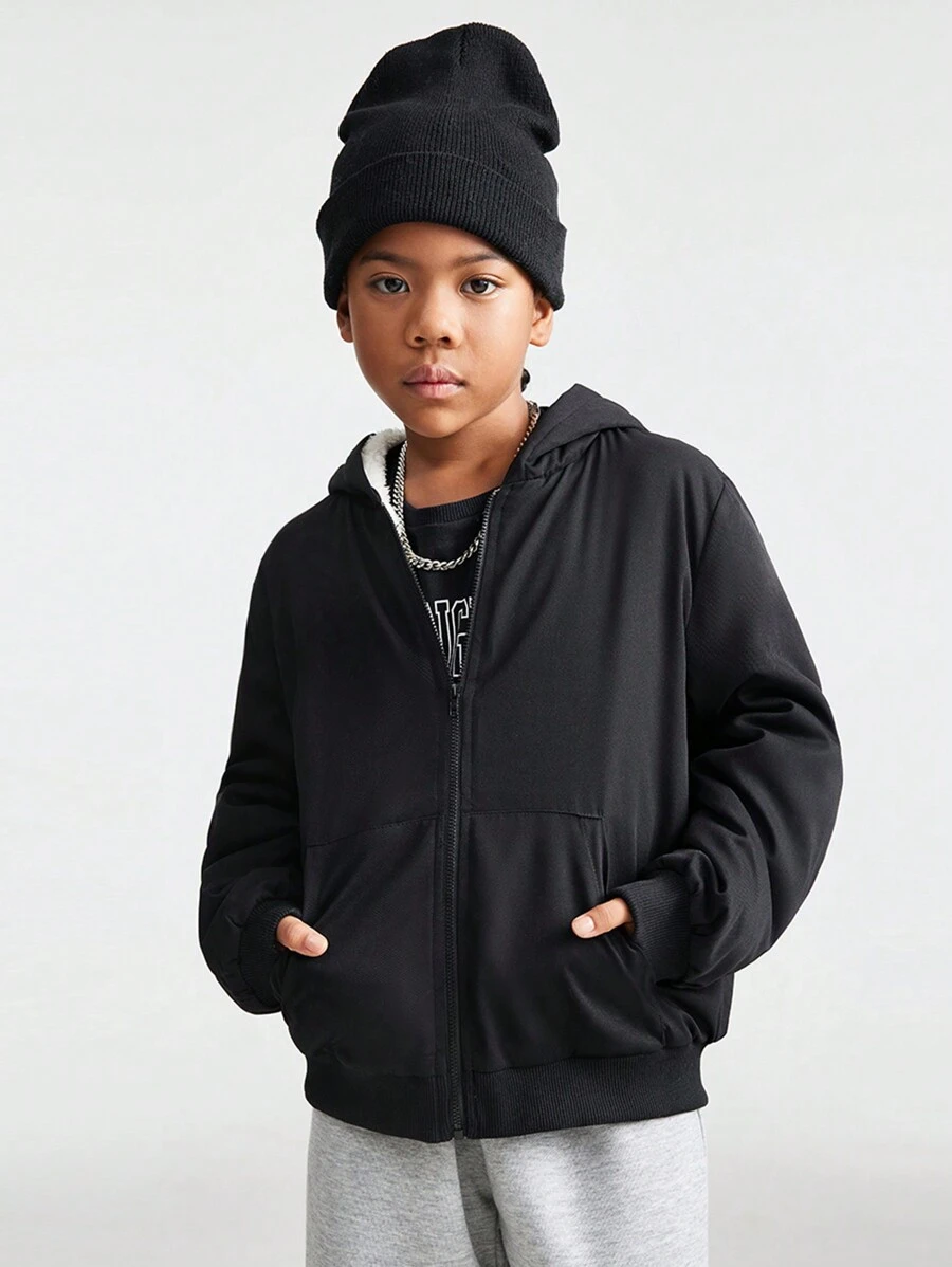 SHEIN Tween Girls Daily Wear Clothes Black Zip Up Hooded Bomber Jackets,Fall/Winter For Halloween Outfits - Black - View 1