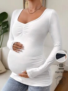 SHEIN Áo thun dài tay màu cơ bản dành cho bà bầu - trắng - Xem 1