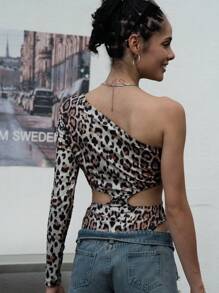 SHEIN ICON Tuta intera a maniche lunghe con stampa leopardata sexy e traforata per donne