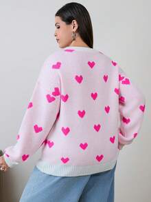 RueChic HAIRY YARN HEART PATTERN PLUS SIZE SWEATER - Hot Pink - View 2