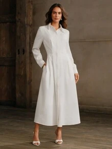 Anewsta Vestido camisa blanco de dama con cintura estilizada decorado con strass largos - Blanco - Ver 6