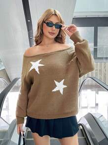 SHEIN EZwear Plus Size Open Shoulder Star Pattern Sweater