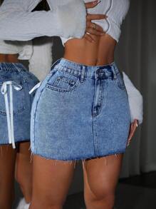 SHEIN PETITE Women's Casual Denim Mini Skirt With Bow Accent, Denim Skirt,Jeans Skirt, Clothes,Homecoming,Denim Mini Skirt,Women Jeans Skirt,Winter Women Clothes,Blue Homecoming Skirt