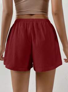 Muchica 女士纯色抽绳腰宽松休闲短裤 - 紅色 - 查看 2