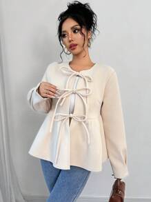 Chiquease 女士冬季长袖翻领蝴蝶结设计针织外套，女士春秋季休闲结，荷叶边下摆常规袖圆领常规版型杏色纯色女士大衣，休闲日常穿着 - 杏色 - 查看 5