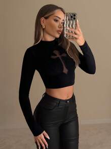 SHEIN ICON Rave Festival Outfits Women Shirts Women's Crew Neck Cross And Mesh Splice Long Sleeve Tight-Fit T-Shirt