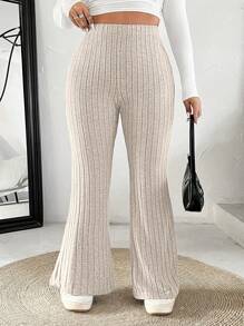 SHEIN EZwear Plus Size Women's Solid Color Elastic Waist Ribbed Flared Pants