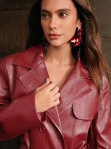 Anewsta 1 chiếc áo khoác gió dài thắt lưng bằng da PU màu đỏ cho nữ, mùa thu/đông, áo khoác nữ mùa đông thanh lịch có thắt lưng, túi ve áo tay thường, rộng rãi bằng vải viscose màu đỏ trơn, trang phục thường ngày cho năm mới - Đỏ - Xem 3