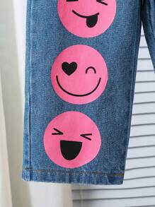 Baby Girl Rose Red Smiling Face Pattern Straight Leg Jeans, Autumn - Blue - View 5