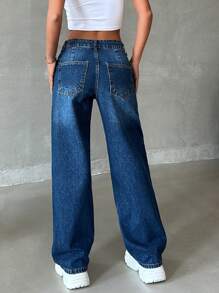 RueChic Low Waist Pocket Detailed Straight Jean - Dark Wash - View 2