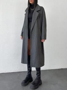 EURMUSE Lapel Neck Oversized Side Pocket Detailed Belted Smart Casual Overcoat - Grey - View 7