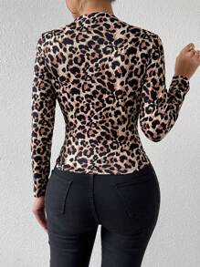 Zolique Leopard Print Ruched Turtleneck Casual Long Sleeve T-Shirt Cheetah Print Tees Women Tops For Spring - Multicolor - View 2