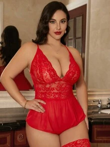 Plus Crotchless Contrast Mesh Lace Teddy Bodysuit - Red - View 3