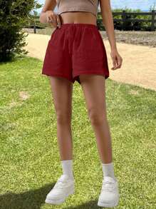 Muchica 女士纯色抽绳腰宽松休闲短裤 - 紅色 - 查看 7