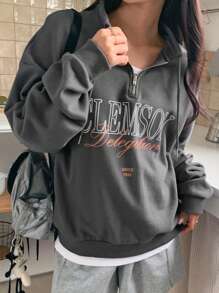 DAZY Women's Mock Neck Half-Zip Letter Print Sweatshirt,Fall Clothes Hoodie - Grey - View 2