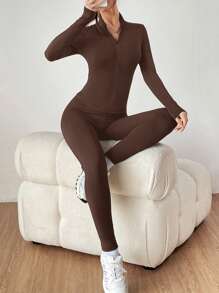 SHEIN EZwear 黑色两件套运动服拉链夹克和紧身裤 - 咖啡棕 - 查看 4