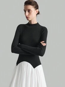 Ontre Women's Color Block Long Sleeve High Neck Pleated Dress, Elegant Women Fall Dresses For Occasion - Black and White - View 4