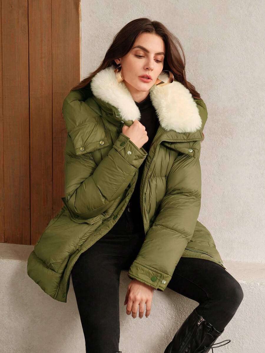 Anewsta Women Solid Color Hooded Padded Coat, Windproof And Warm For Outdoor Winter - Olive Green - View 1