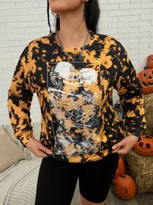 Deniart Artist Plus Size Women's Casual Long Sleeve Crew Neck Tie-Dye Loose Sweatshirt, For Halloween, For Holiday, Vacation, Festival, For Workout, Ibiza Fits, Western Wear