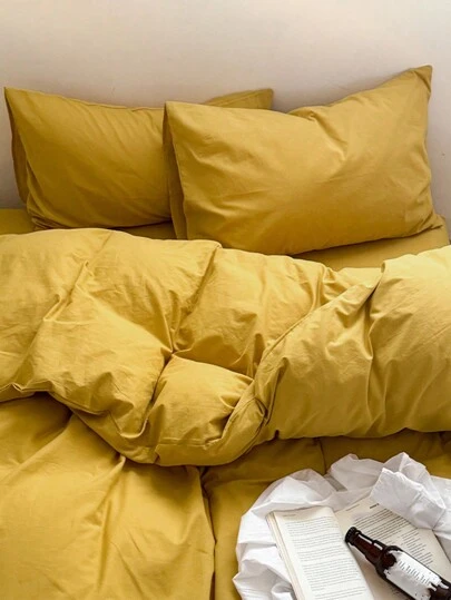 3pcs Yellow Dorm Bedroom Bed Set Includes 1 Soft Duvet Cover & 2 Pillowcases, Washable