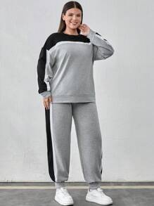 EURMUSE Cotton Plus Size Colorblock Detail Sweatshirt + Sweatpants Set - Grey - View 3