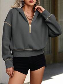 SHEIN Unity 女士秋季休闲半拉链连帽运动衫、长袖上衣 - 深灰色 - 查看 3