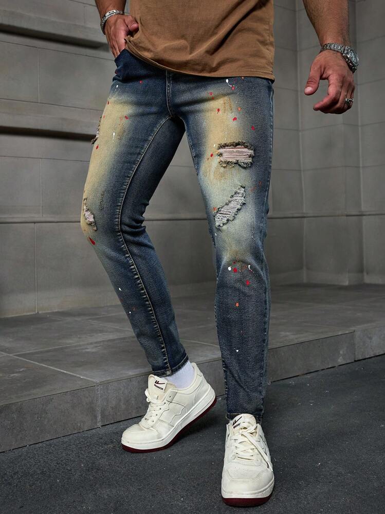 Manfinity LEGND Jeans ajustados de hombre de color azul oscuro lavado, elásticos - Agua verde azul - Añade 3