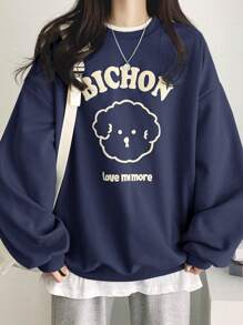 DAZY Women's Casual Cartoon Letter Print Sweatshirt, Spring & Fall,Long Sleeve Tops - Navy Blue - View 3