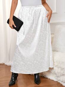SHEIN Frenchy Plus Size Elegant Floral Jacquard Skirt, Spring Autumn - White - View 2