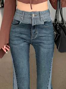 FRIFUL Women's Distressed Hem Pocket Flared Casual Denim Jeans