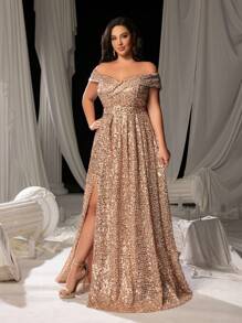 Faeriesty Curve Elegant Plus-Size Off-The-Shoulder High-Slit A-Line Formal Evening Gown For Gala Events, Wedding Receptions, Charity Balls, Award Ceremonies, And Formal Banquets