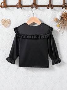 SHEIN Baby Girls Casual Black Satin Shawl Collar Ruffle Cuff & Hem Mid-Length Jacket, Fall/Winter