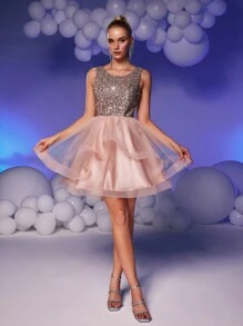 SHEIN Belle Elegant, Romantic And Gorgeous Lotus Pink Sequined Mesh, Round Neck Vest Sleeves, Asymmetric Puff Dress, Suitable For Prom, Bachelor Party, Dinner Date, Formal Prom Dress., Semi Formal Dress, For Birthday, Wedding Guest, Graduation Homecoming - Pink - View 1