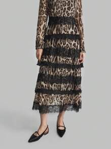 Ontre Vestido elegante de dama para cóctel de manga larga con mezcla de estampado de leopardo marrón y volantes de manga larga negra de gasa