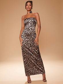 Hauture Satin Tube Leopard Dress With Rosette - Multicolor - View 3