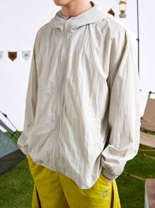 In My Nature Men's Solid Color Front Zip Up Hooded Lightweight Casual Windbreaker - Apricot - View 7