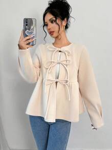 Chiquease 女士冬季长袖翻领蝴蝶结设计针织外套，女士春秋季休闲结，荷叶边下摆常规袖圆领常规版型杏色纯色女士大衣，休闲日常穿着 - 杏色 - 查看 1