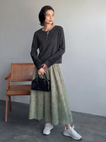 FRIFUL 女士休闲圆领长袖撞色蕾丝T恤，春秋装，秋季女装 - 黑色 - 查看 2